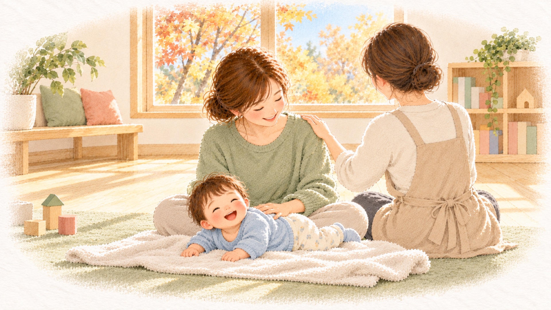 秋の光の小さな部屋で、講師がお母さんの肩にそっと手を当て、そばで赤ちゃんが笑っているベビーマッサージ教室の水彩のイラスト