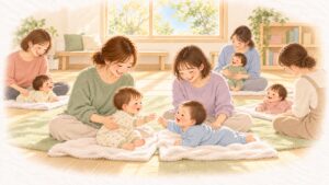 5組の親子が輪になり、赤ちゃんどうしが手をのばし合っている、はじめてのベビーマッサージ教室の水彩のイラスト