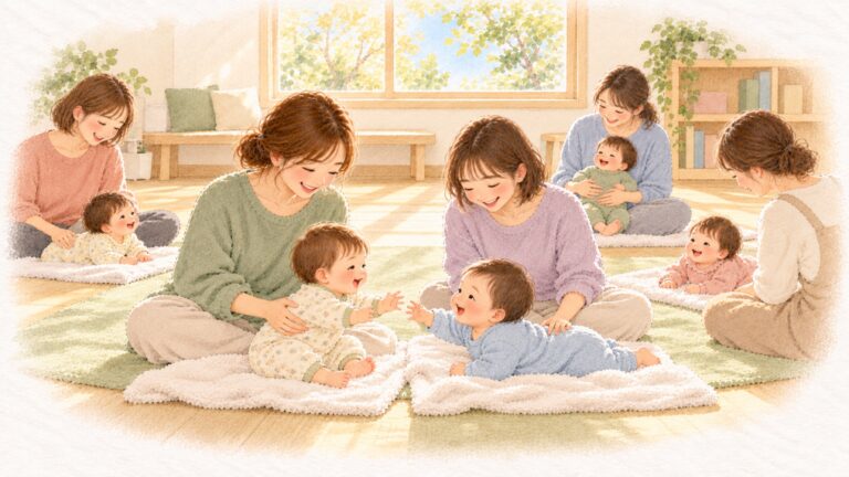 5組の親子が輪になり、赤ちゃんどうしが手をのばし合っている、はじめてのベビーマッサージ教室の水彩のイラスト