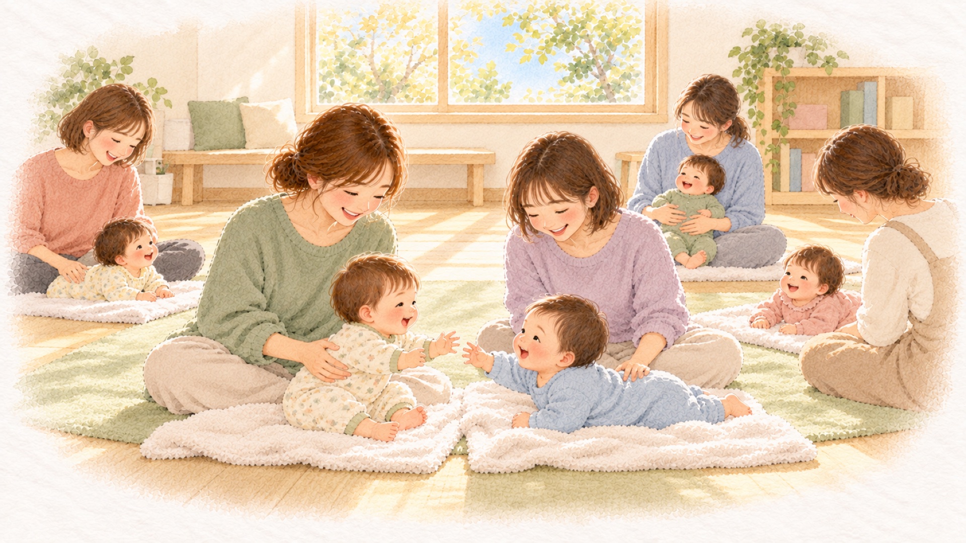 5組の親子が輪になり、赤ちゃんどうしが手をのばし合っている、はじめてのベビーマッサージ教室の水彩のイラスト