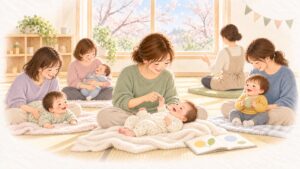 桜の見える親子ひろばのベビーマッサージ教室で、お母さんが赤ちゃんの手の指をやさしくにぎっている水彩のイラスト
