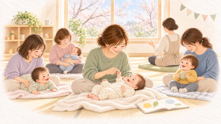 桜の見える親子ひろばのベビーマッサージ教室で、お母さんが赤ちゃんの手の指をやさしくにぎっている水彩のイラスト
