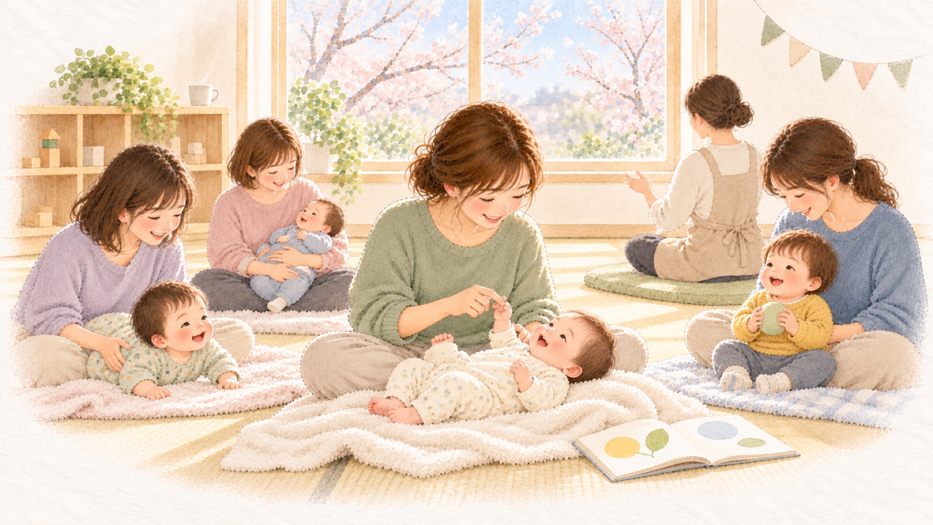 桜の見える親子ひろばのベビーマッサージ教室で、お母さんが赤ちゃんの手の指をやさしくにぎっている水彩のイラスト