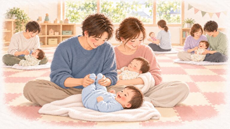ベビーマッサージ教室の水彩イラスト。お父さんの手が赤ちゃんの足を包み、となりで赤ちゃんが眠っている