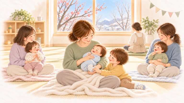 梅の咲く冬の親子ひろばのベビーマッサージ教室で、赤ちゃんを抱くお母さんのそばで、きょうだいが赤ちゃんの足にそっと触れている水彩のイラスト