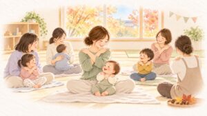秋の親子ひろばのベビーマッサージ教室で、お母さんと子どもたちが輪になって自分の肩をぎゅっと抱いている水彩のイラスト