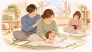 梅の見える部屋で、お父さんがお母さんの背中をやさしく撫で、前で赤ちゃんがにこにこしているベビーマッサージ教室の水彩のイラスト
