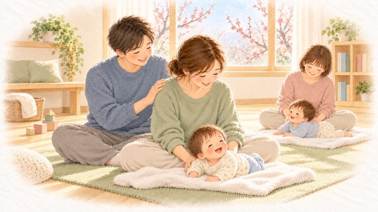 梅の見える部屋で、お父さんがお母さんの背中をやさしく撫で、前で赤ちゃんがにこにこしているベビーマッサージ教室の水彩のイラスト