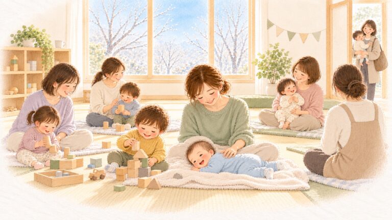 冬の親子ひろばで、積み木で遊ぶ子どもたちのそばで、お母さんが赤ちゃんの背中をなでている水彩のイラスト