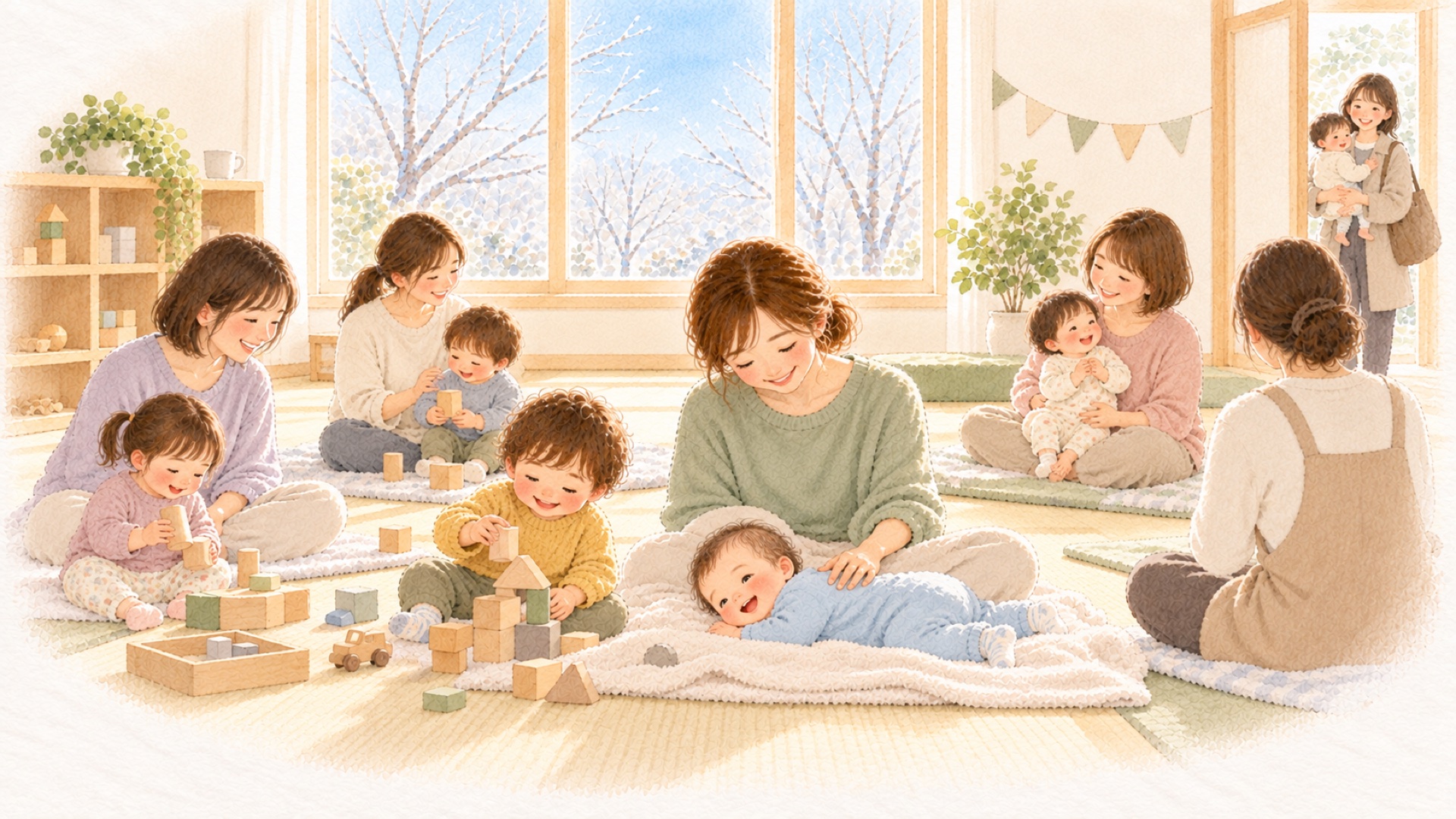 冬の親子ひろばで、積み木で遊ぶ子どもたちのそばで、お母さんが赤ちゃんの背中をなでている水彩のイラスト