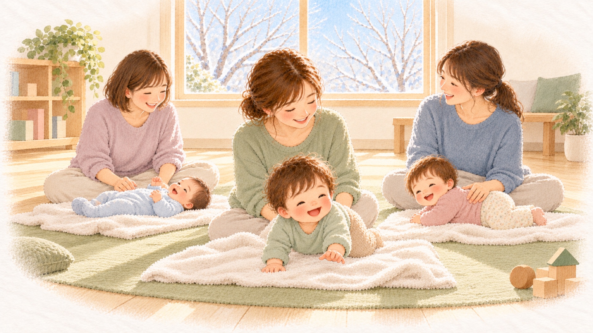 冬の部屋で、ねんねの子・寝返りの子・ハイハイの子が並び、お母さんたちが笑顔で見守るベビーマッサージ教室の水彩のイラスト