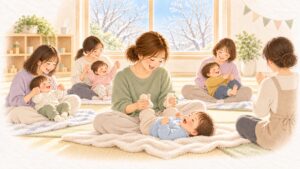 冬の親子ひろばのベビーマッサージ教室で、お母さんが歌いながら子どもの両足をやさしく揺らし、子どもが大笑いしている水彩のイラスト