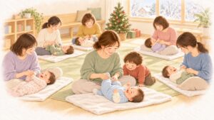 クリスマスツリーのある部屋で、6組の親子が輪になってベビーマッサージをしている水彩のイラスト