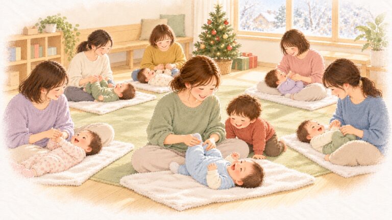 クリスマスツリーのある部屋で、6組の親子が輪になってベビーマッサージをしている水彩のイラスト