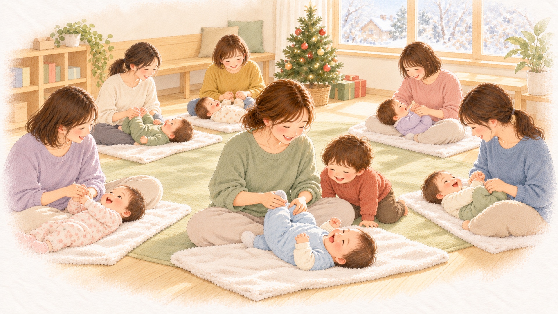 クリスマスツリーのある部屋で、6組の親子が輪になってベビーマッサージをしている水彩のイラスト