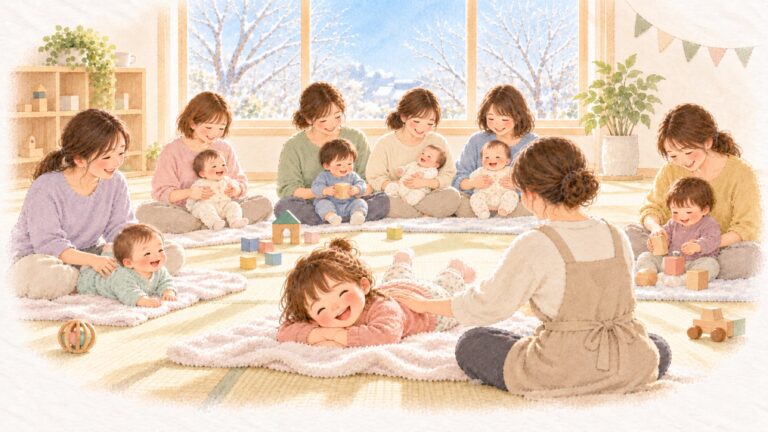 満席の親子ひろばのベビーマッサージ教室で、3歳くらいのお姉ちゃんがモデル役になり、背中をなでてもらって笑っている水彩のイラスト