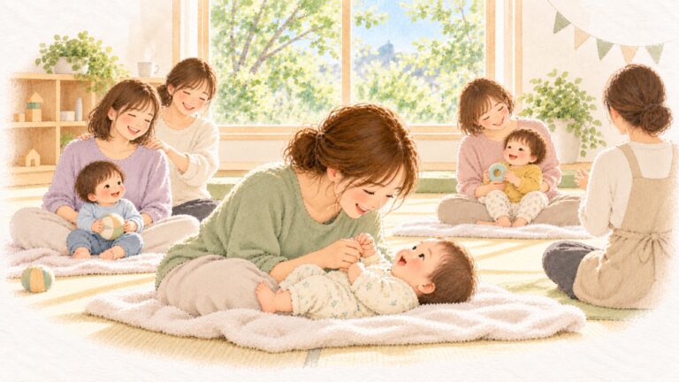 初夏の親子ひろばのベビーマッサージ教室で、お母さんと赤ちゃんが目と目を合わせて笑い合っている水彩のイラスト