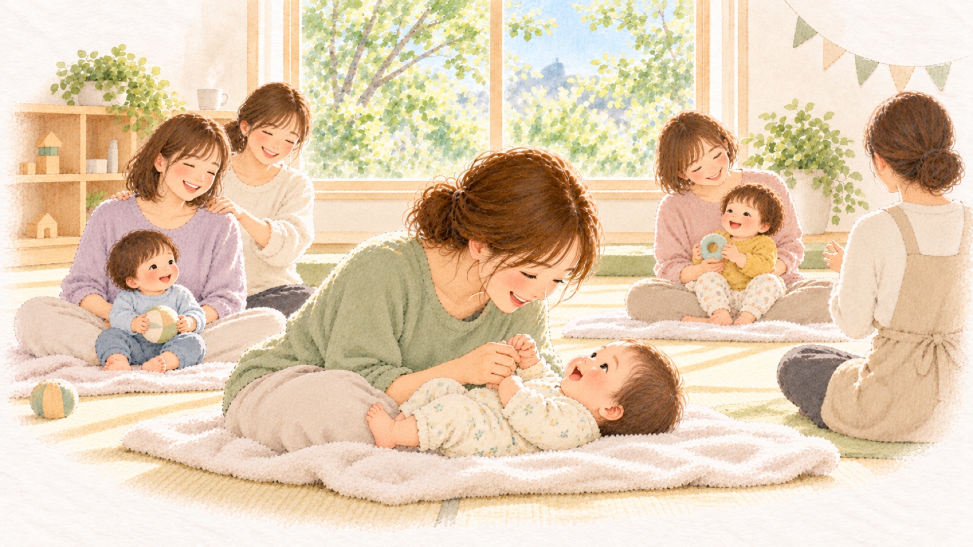 初夏の親子ひろばのベビーマッサージ教室で、お母さんと赤ちゃんが目と目を合わせて笑い合っている水彩のイラスト