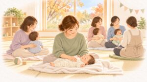 秋の親子ひろばのベビーマッサージ教室で、お母さんの手のぬくもりの中、赤ちゃんがすやすや眠っている水彩のイラスト