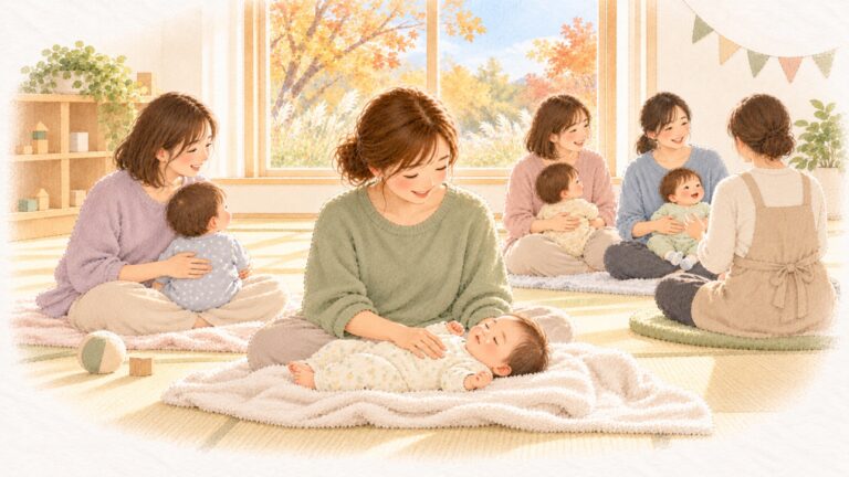 秋の親子ひろばのベビーマッサージ教室で、お母さんの手のぬくもりの中、赤ちゃんがすやすや眠っている水彩のイラスト