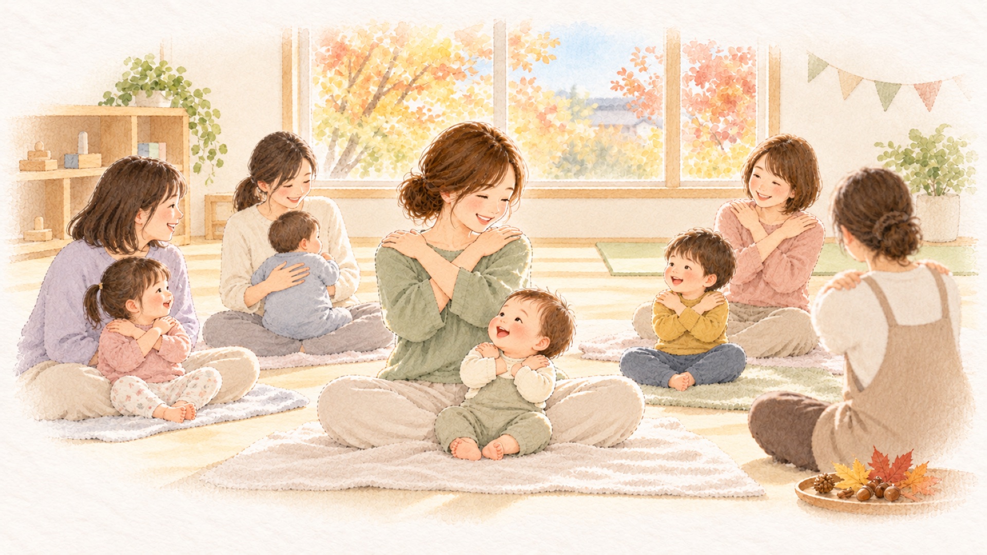 秋の親子ひろばのベビーマッサージ教室で、お母さんと子どもたちが輪になって自分の肩をぎゅっと抱いている水彩のイラスト