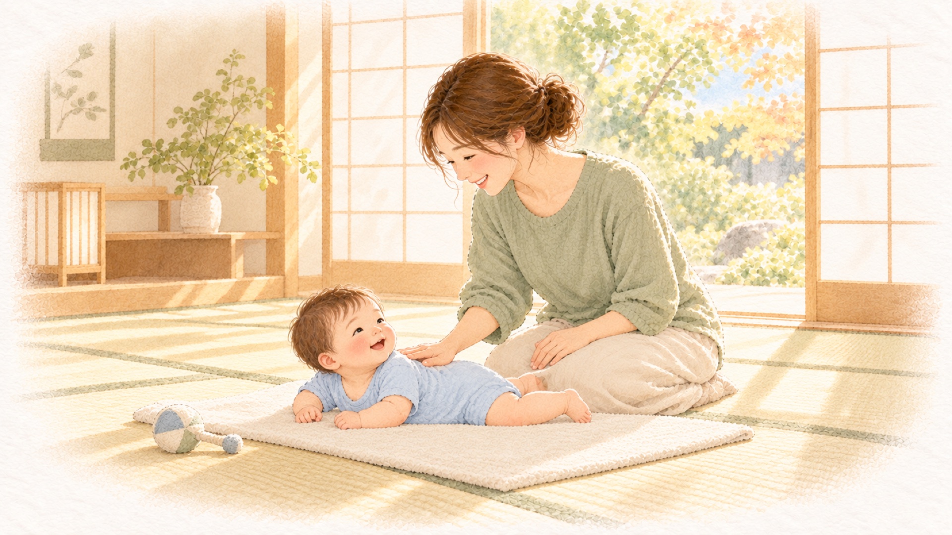 服を着たまま、うつぶせで遊ぶ赤ちゃんの背中に手のひらを当てるお母さん