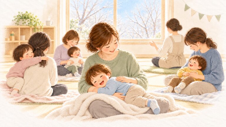 冬の親子ひろばのベビーマッサージ教室で、ブランケットの上の子どもがお母さんのひざで笑っている水彩のイラスト