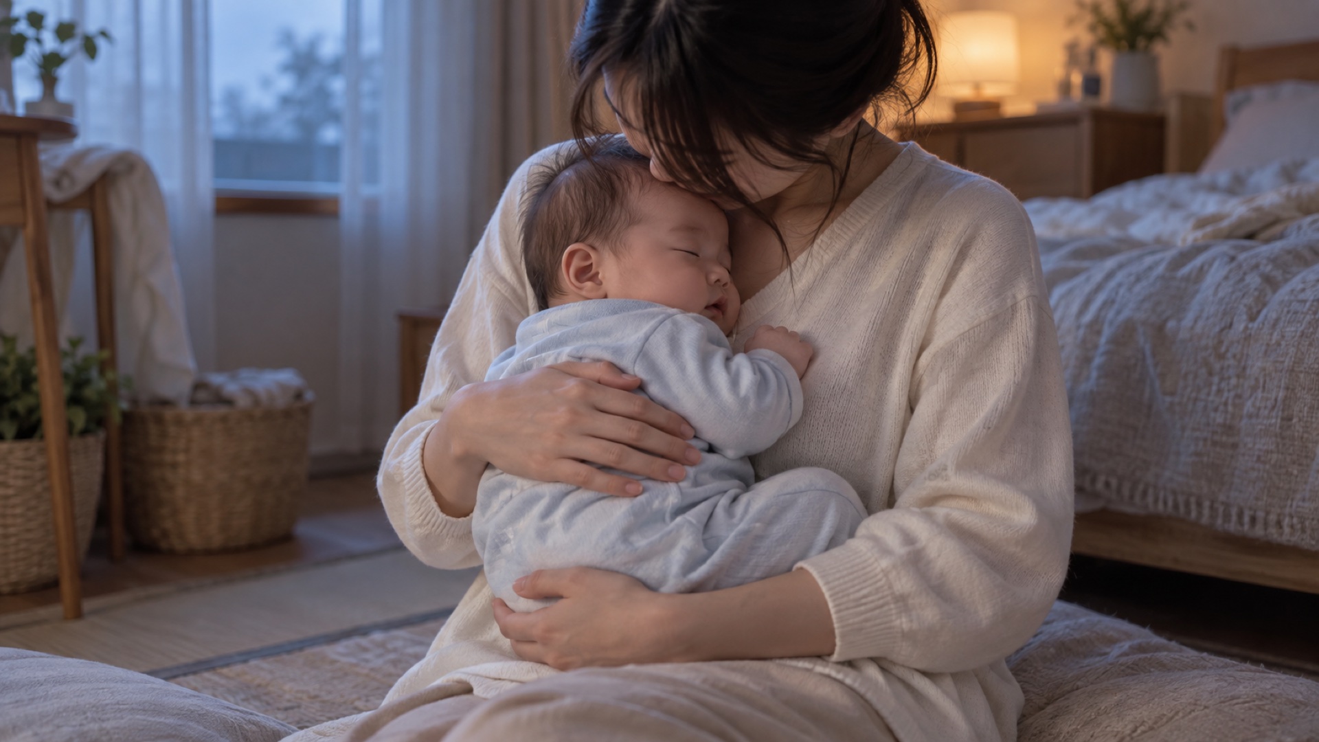夜明け前の寝室で、母が腕の中で眠りかけた赤ちゃんをやさしく抱いている