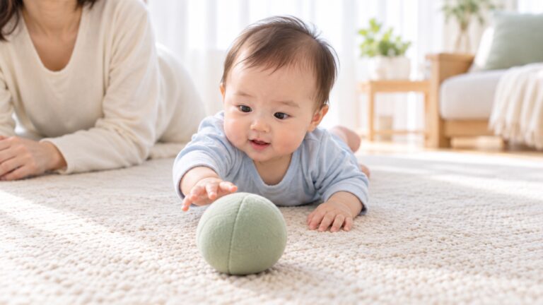 うつぶせの赤ちゃんが、ラグの上の布のボールに手を伸ばし、そばで母が見守っている