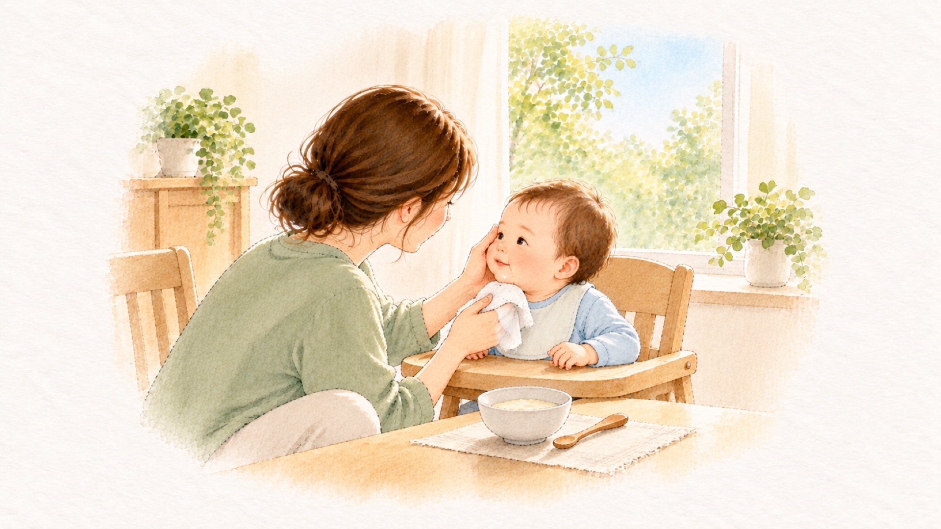 離乳食のあと、母が赤ちゃんのほっぺに手を添えて、白いガーゼでそっと口元を押さえている