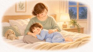 寝る前、ひざに頭をのせたパジャマの子どもの腰を、手のひらで温めるお母さん