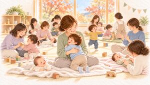 秋の親子ひろばのベビーマッサージ教室で、2歳くらいの子がお母さんのひざに戻って抱きしめられ、まわりで子どもたちが遊んでいる水彩のイラスト
