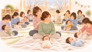 晩秋の親子ひろばで、お母さんが後ろから別のお母さんの肩をほぐし、前で赤ちゃんがごきげんにしている水彩のイラスト