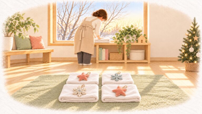 ツリーのある明るい小さな部屋に、星や雪の結晶の飾りをのせた4枚のバスタオルが並び、講師が窓辺で片づけをしている水彩のイラスト