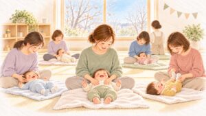 初冬の親子ひろばで、お母さんたちが歌を口ずさみながら、あおむけの赤ちゃんに触れ、赤ちゃんが笑っている水彩のイラスト