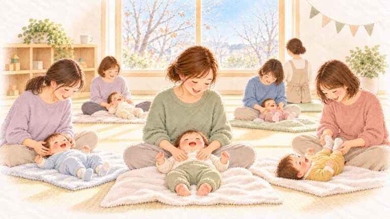初冬の親子ひろばで、お母さんたちが歌を口ずさみながら、あおむけの赤ちゃんに触れ、赤ちゃんが笑っている水彩のイラスト