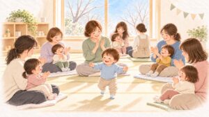 冬の親子ひろばで、よちよち歩きの子が輪の真ん中へ歩き出し、お母さんたちが拍手で見守っている水彩のイラスト
