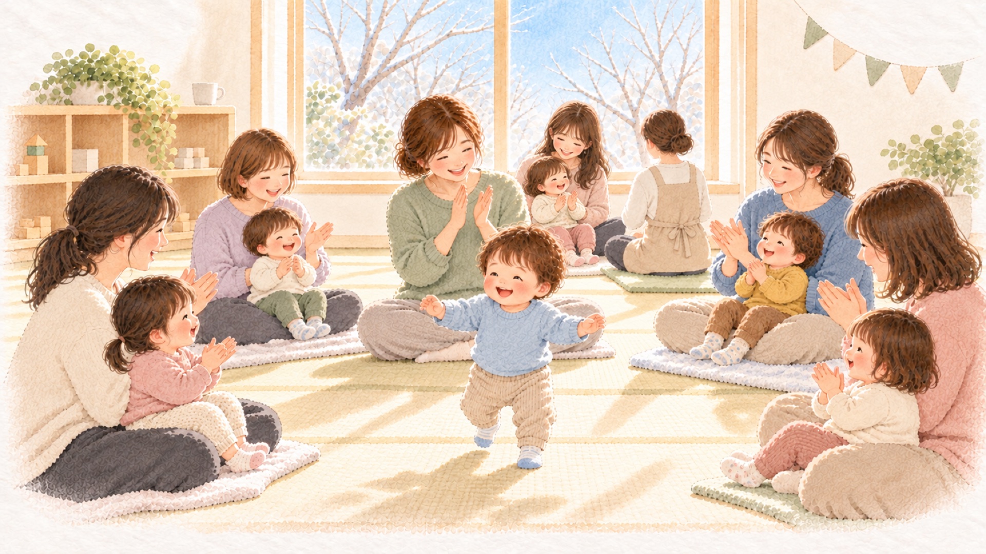 冬の親子ひろばで、よちよち歩きの子が輪の真ん中へ歩き出し、お母さんたちが拍手で見守っている水彩のイラスト