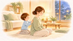 夜の居間で、目を閉じて座る母親の背中を、幼い子が後ろから両手でなでている水彩画