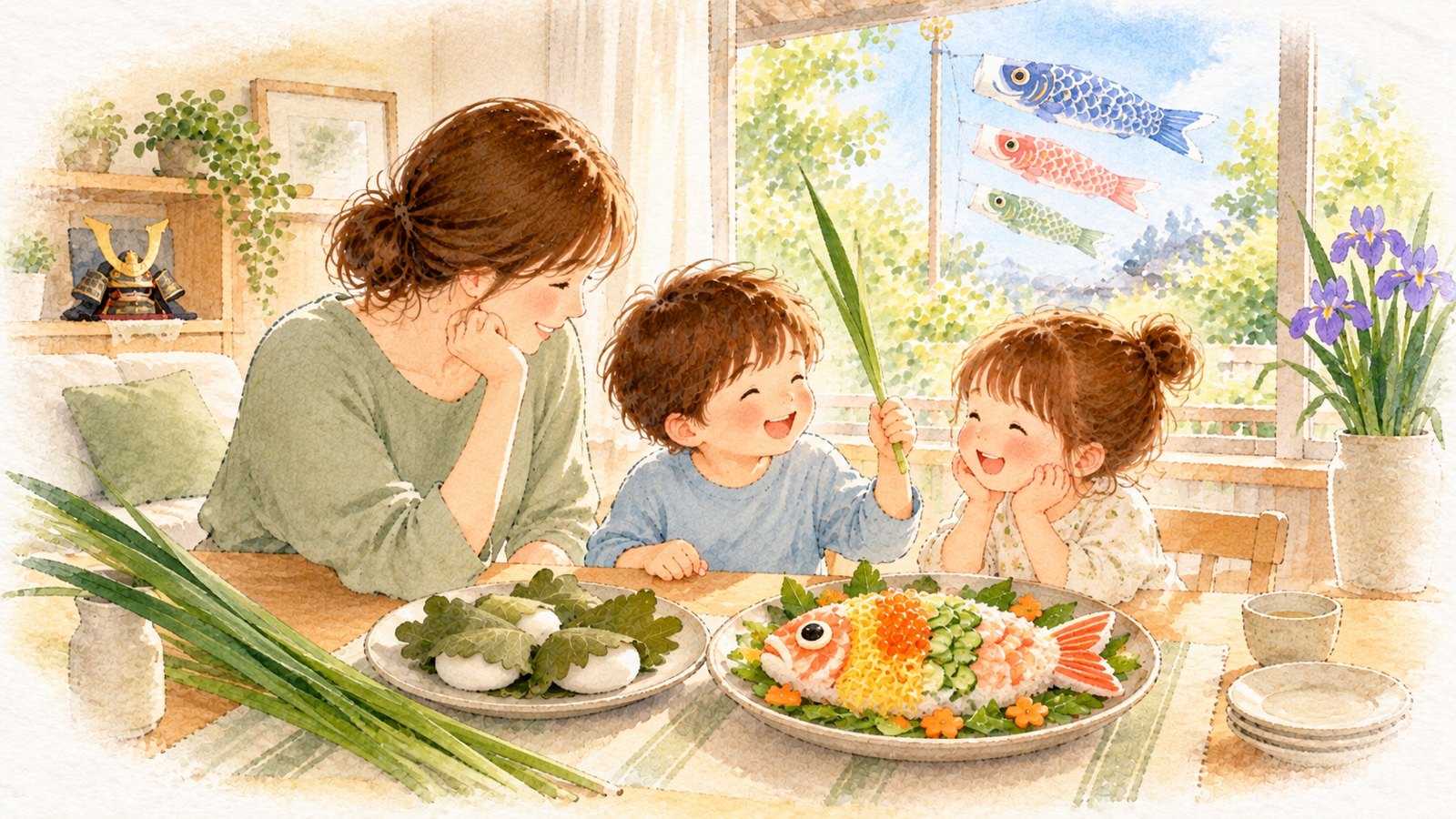 鯉のぼりが見える窓辺で、母と2人の子が柏餅と鯉の形のちらし寿司を前に、菖蒲の葉を持って笑っている
