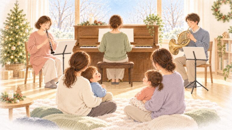 親子でクリスマスコンサート。ピアノを弾く後ろ姿と、聴いている親子の水彩