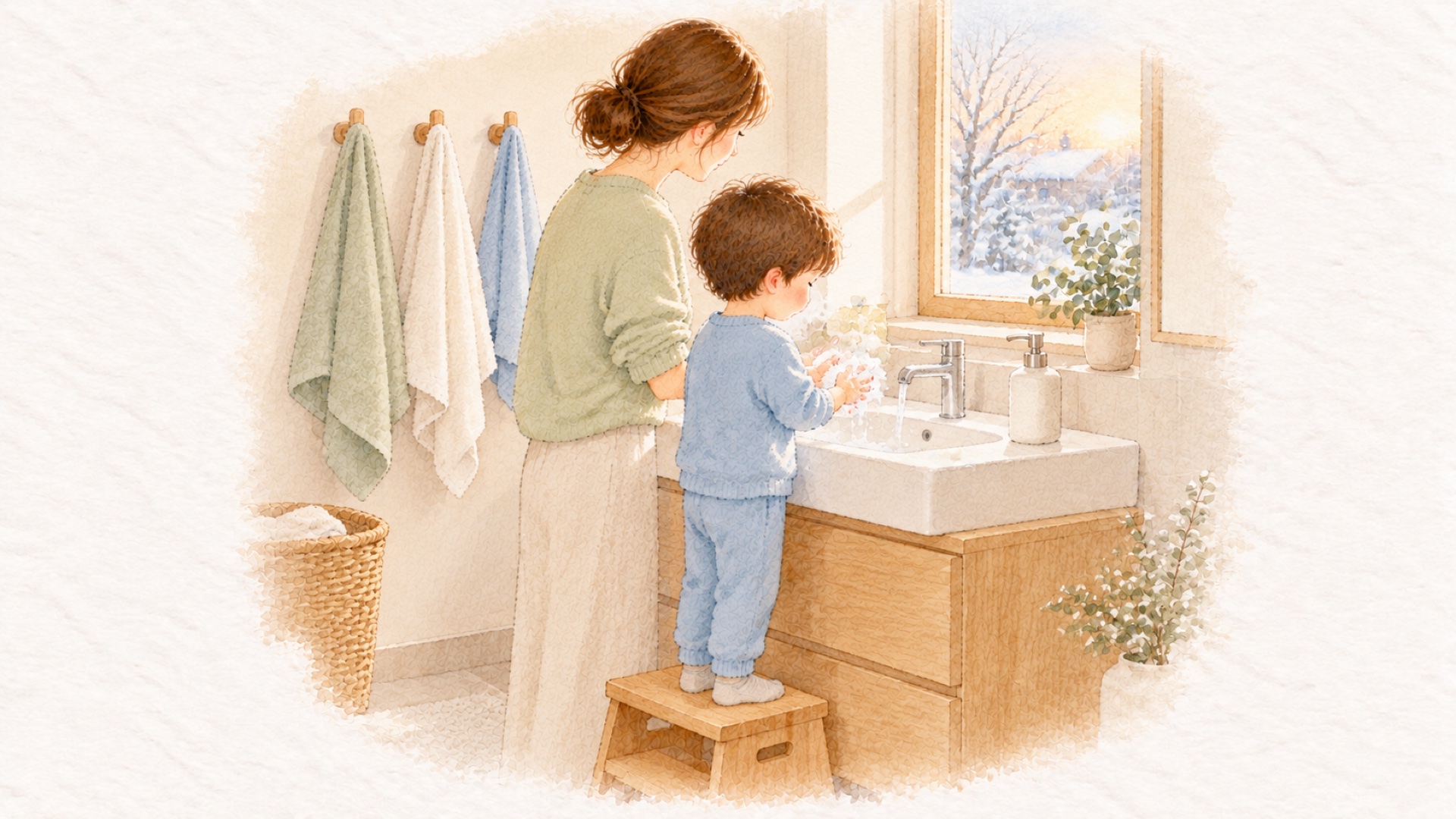 夕方の洗面所で、踏み台に乗った子どもと母が並んで、せっけんの泡で手を洗っている水彩のイラスト