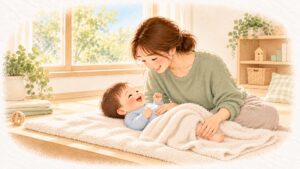 おむつ替えのとき、赤ちゃんに顔を近づけて話しかけるお母さん
