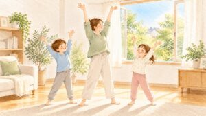 朝の明るいリビングで、母と2人の子どもが笑顔で両手を高く上げて体操をしている