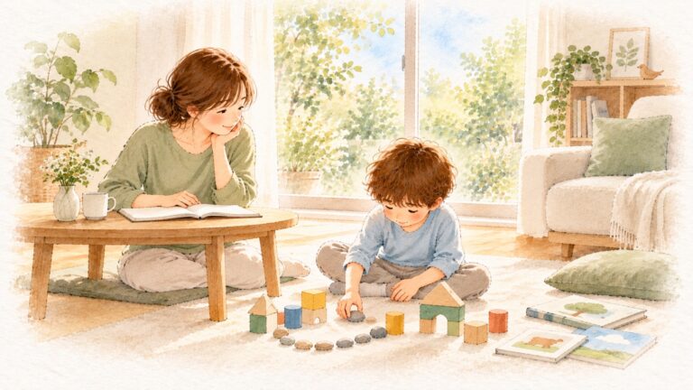 明るい居間で、子どもが積み木と小石を自分なりに並べて遊び、母親がノートを開いて穏やかに見守っている水彩画