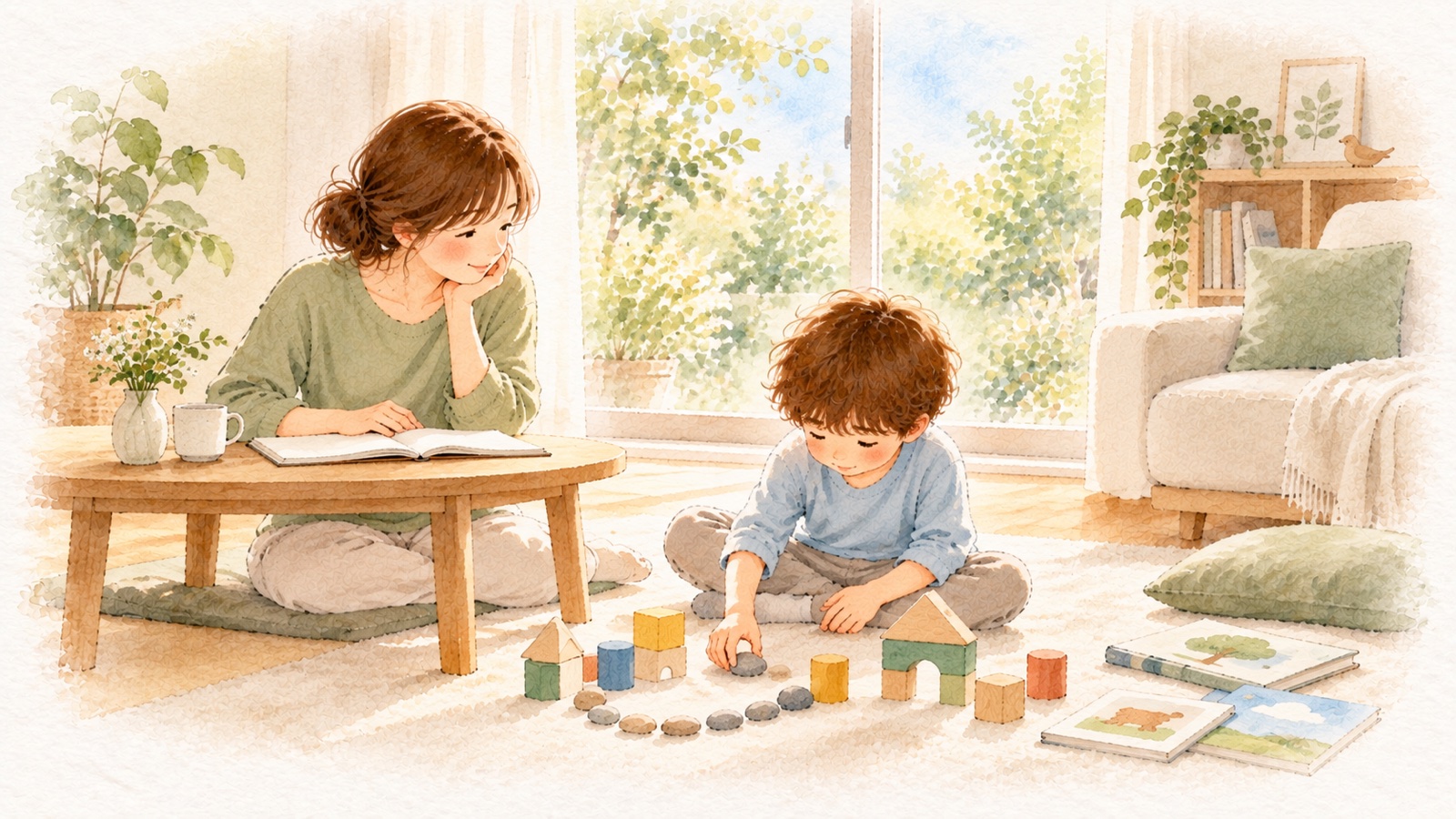 明るい居間で、子どもが積み木と小石を自分なりに並べて遊び、母親がノートを開いて穏やかに見守っている水彩画