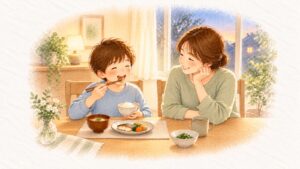 給食は食べるのに家では食べない小学生に。夕方の食卓で、小さく盛った夕ごはんを母と一緒に食べる子ども