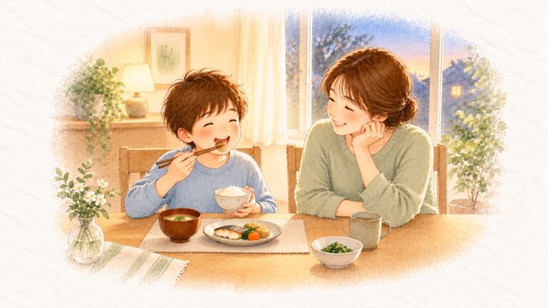 給食は食べるのに家では食べない小学生に。夕方の食卓で、小さく盛った夕ごはんを母と一緒に食べる子ども