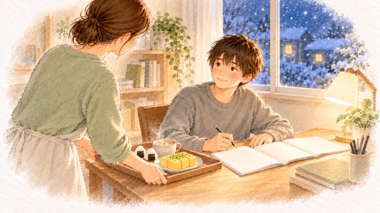 受験生の食事。夜、机で勉強する中学生のそばに、母が卵焼きとおにぎりと温かいスープを置く