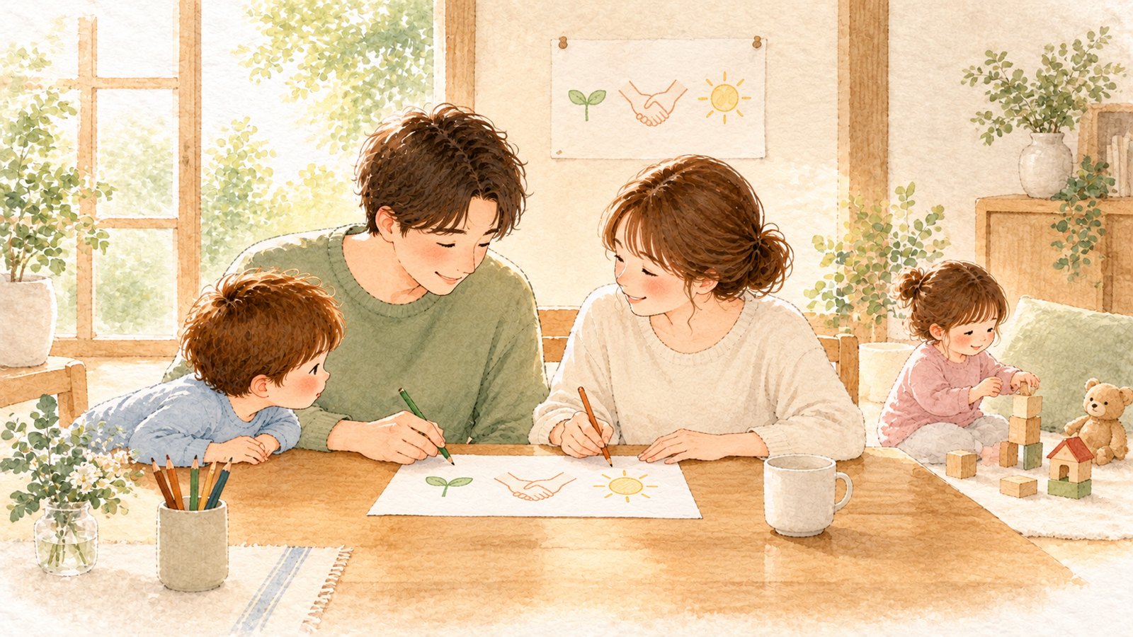 ダイニングで夫婦が笑顔で紙に家族のミッションを描き、壁には芽・握手・太陽の絵の紙が貼られ、子どもがのぞいている